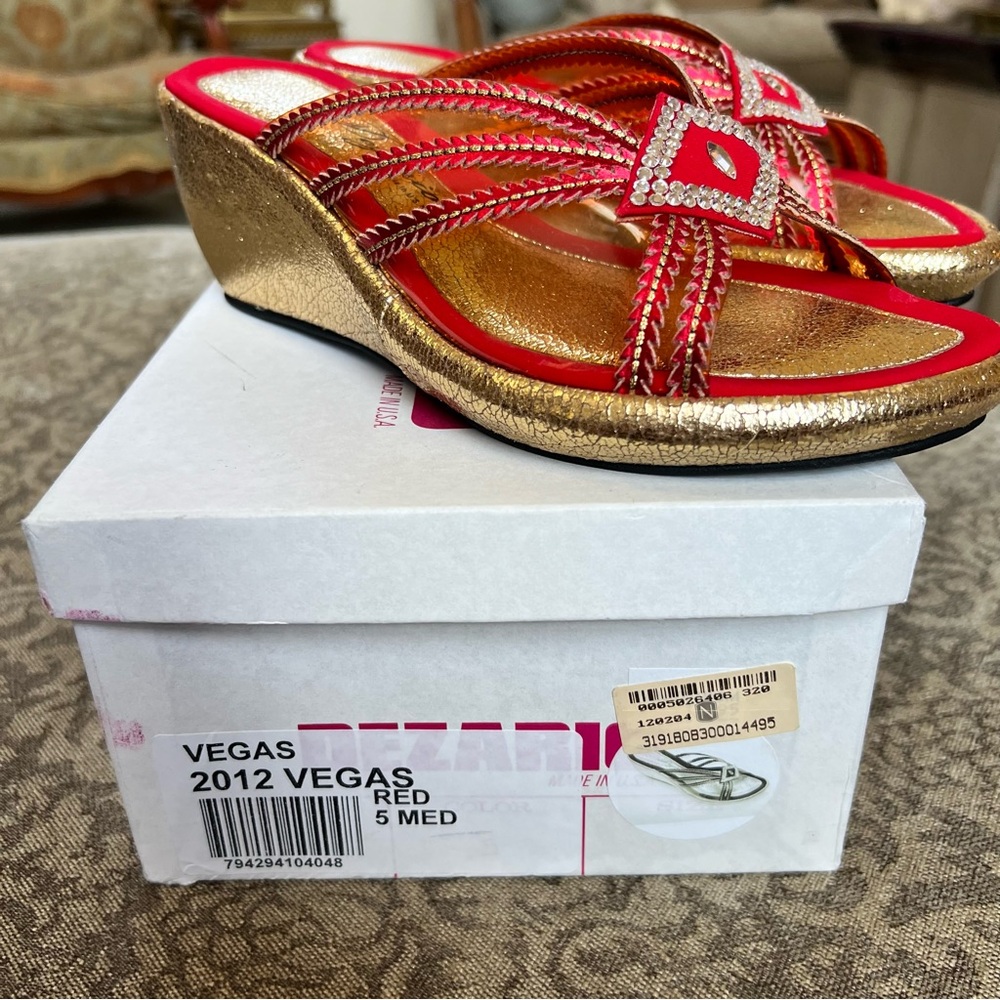 Dezario Vegas Red with Gold Metallic Wedge Sandals Size 5 Reg. $144 New